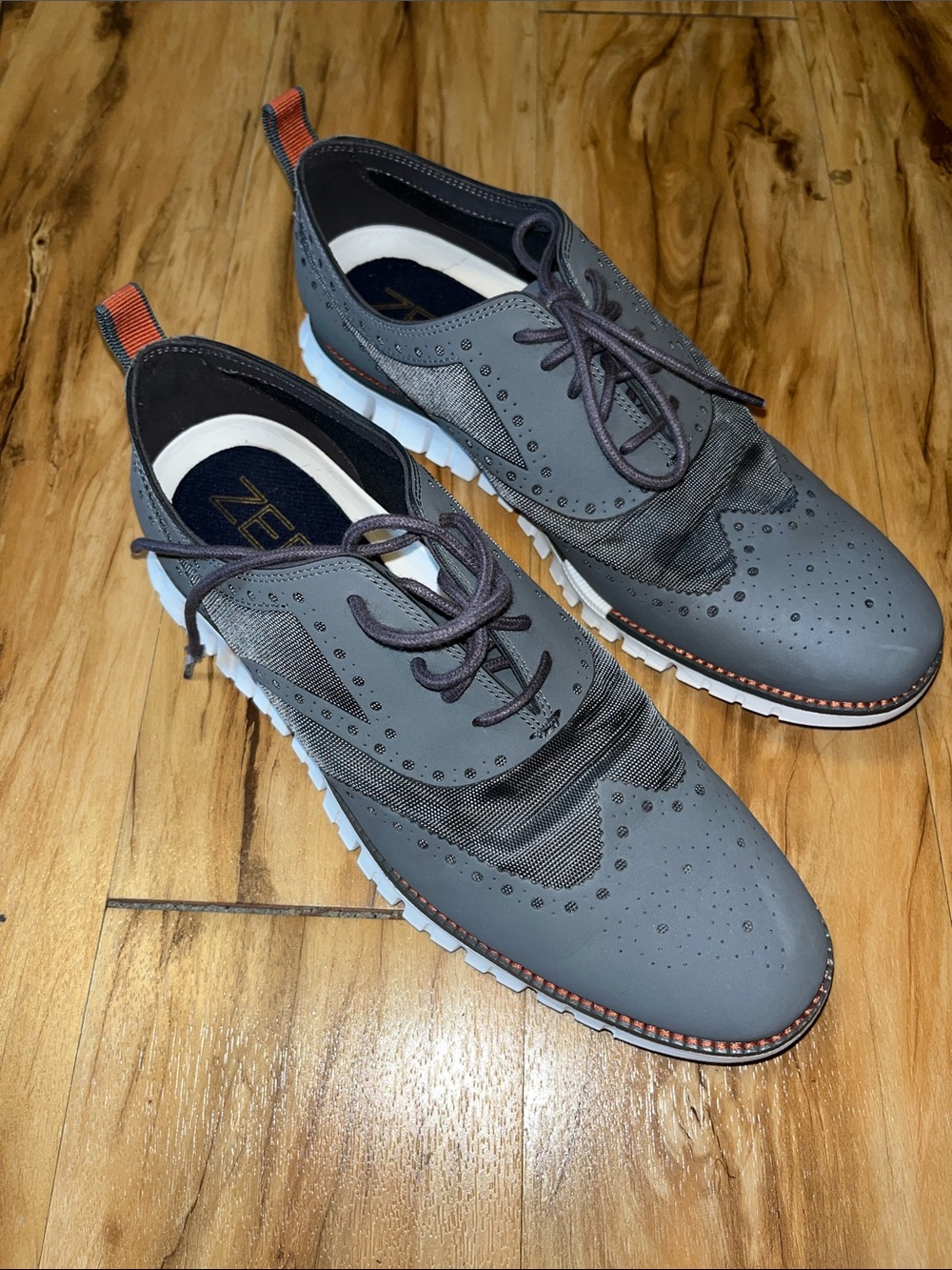 Cole Haan Men’s  Zerogrand Gray Wingtip Hybrid Oxfords with Orange Pull Tab